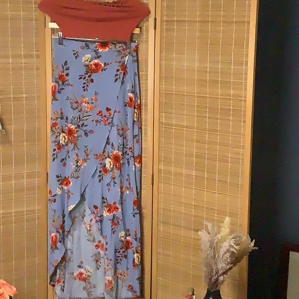 Sky and Sparrow Floral Maxi Skirt in Blue and Red